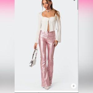 Edikted Pink Luna Faux Leather Flare Jeans